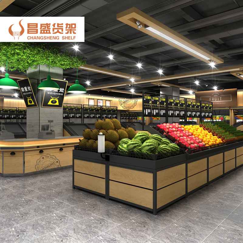 超市水果架蔬菜架钢木货架果蔬生鲜展示多层置物货架生鲜超市钢木