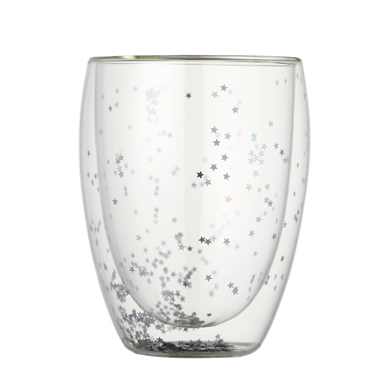 Sequinilla personalizada doble aislamiento de vidrio estrella taza logotipo personalizado taza de regalo taza de huevo transparente fabricante e