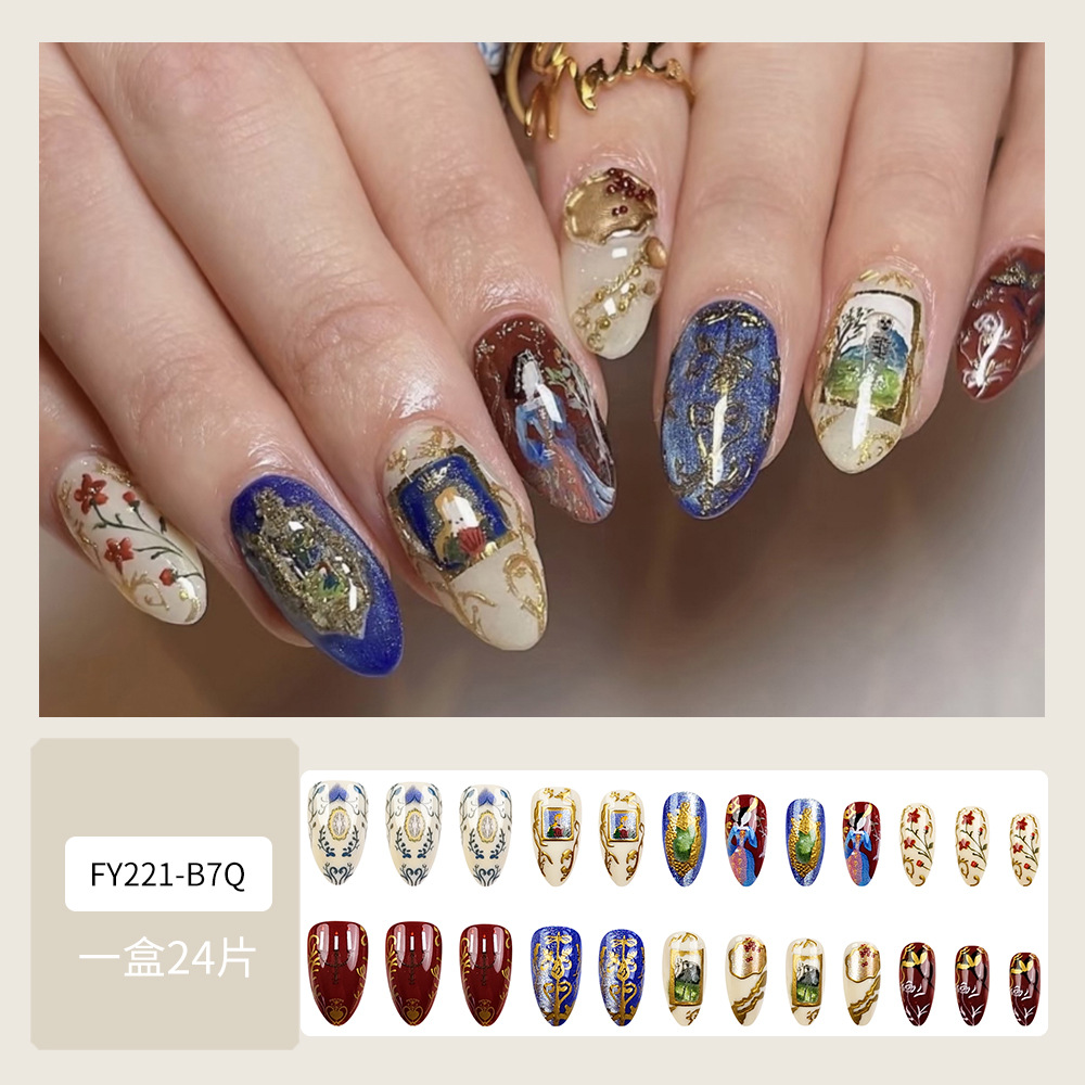 Ventas transfronterizas en caliente estereoscópicas de oro Lp desgaste uñas barrocas pintura de uñas 24 piezas de uñas falsas terminadas
