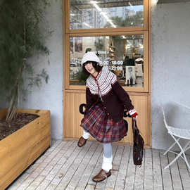 韩版复古红色格纹毛呢百褶半身裙女冬季小个子修身显瘦A字中长裙