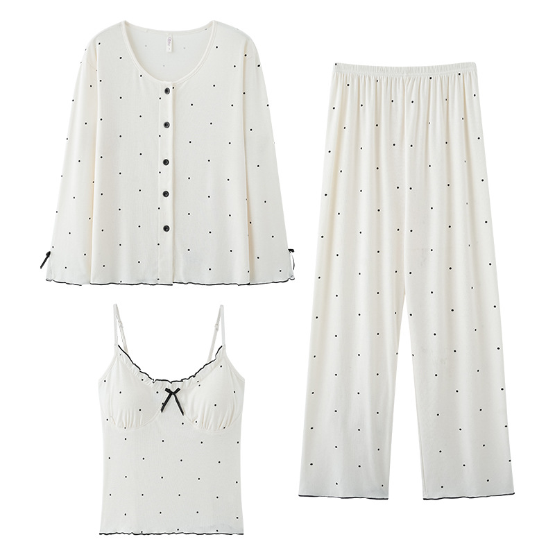 春と秋の女性用の新しい甘いスリーピースパジャマ、スレッドサスペンダー、胸パッド、長袖スタイル、夏に家着として着用できます。