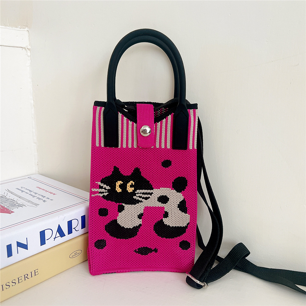108g Weight Polyester Lining Material Buckle Closure Type Top Handle Strap Type Handbag Bags Type Casual, Daily Occasion Knit Material Cat Pattern All Seasons Season Women's Gender Vintage Style, Classic Style Style Bucket Shape Small Size Women's Small Knit Cat Vintage Style Classic Style Bucket Buckle Handbag 27