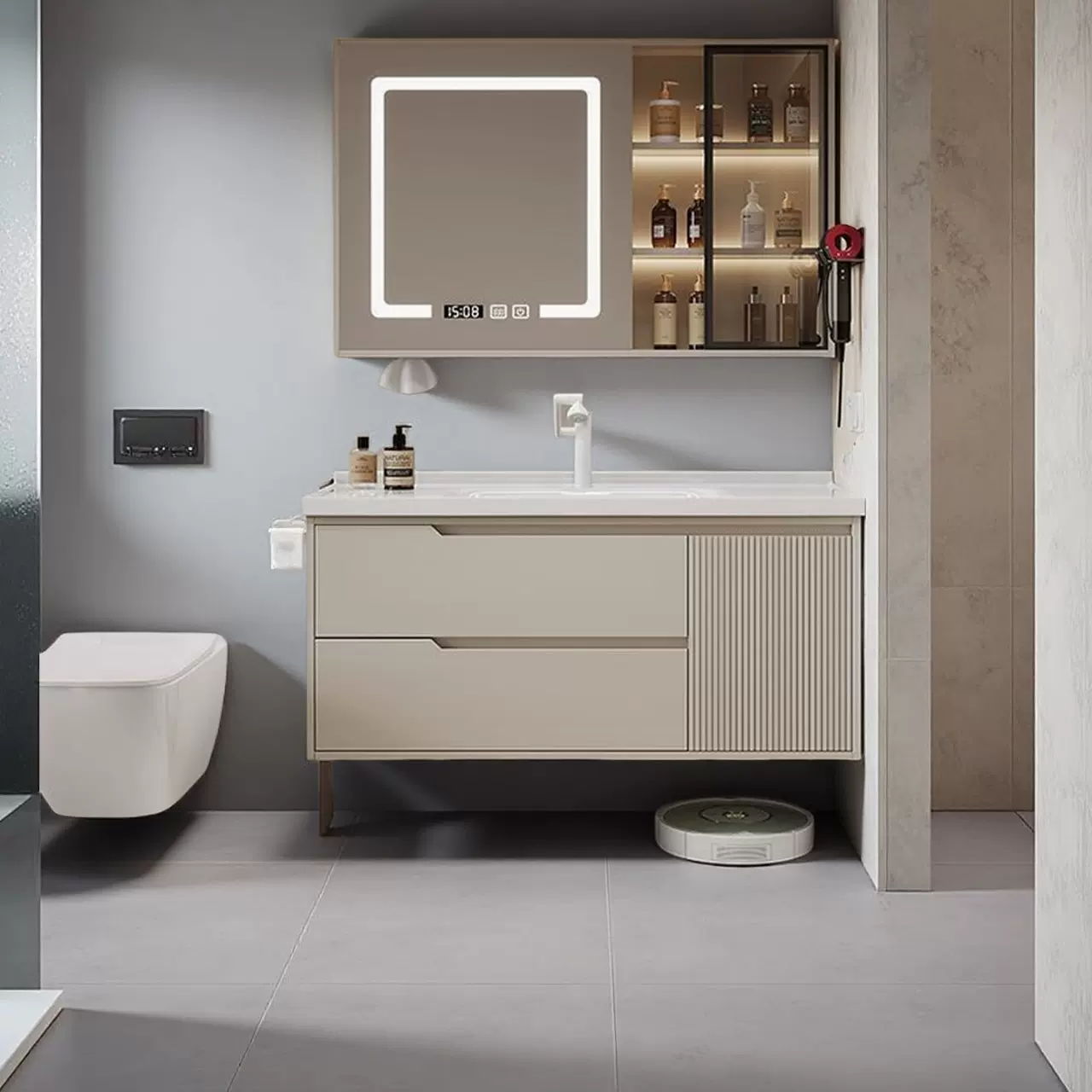 轻奢岩板浴室柜家用别墅防水陶瓷一体盆漱洗台洗手盆智能镜柜组合