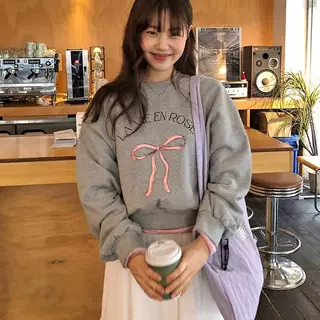 现货 韩国东大门女装ins风蝴蝶结印花全棉卫衣女宽松圆领套头上衣