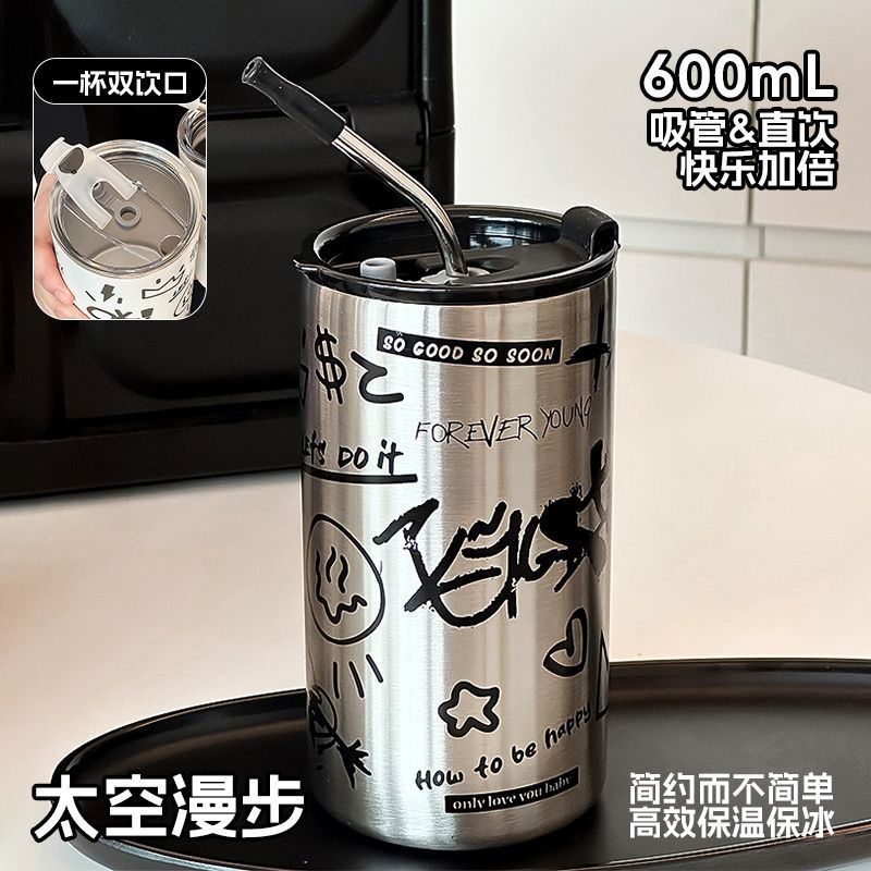 クリエイティブ落書きステンレスコーヒーカップ女子オフィスストローカップ高颜値保温カップ家庭用コップカップカップ|undefined