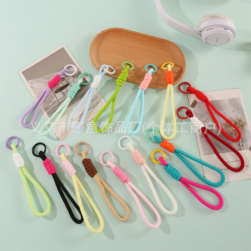 Short Color-Blocked Knotted Mobile Phone Lanyard Hand-Woven Wrist Rope Plush Doll Lanyard Anti-Lost Rope Pendant Wholesale