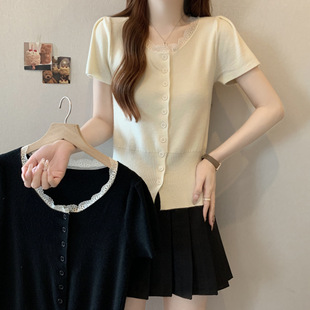 Plus Size Korean Sweet Lace Edge Splicing Short-Sleeved Knitwear T-Shirt 2025 New Slimming Look Top