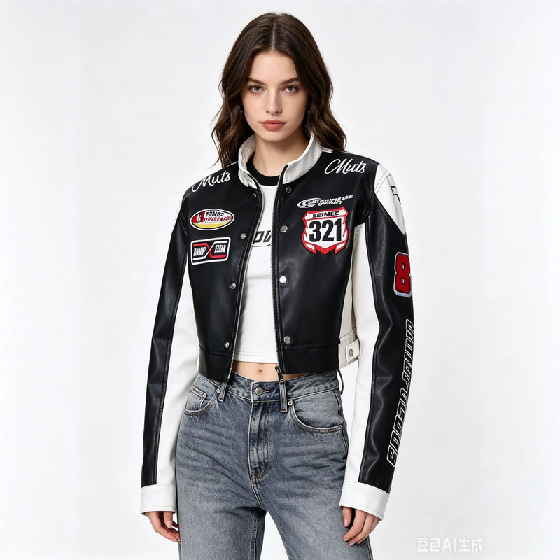 Amazon Motorcycle Rock Style Embroidered Leather Jacket for Women Slim Fit Short Stand Collar Zipper Pu Leather Jacket for Women
