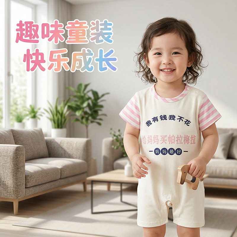 Baby Short-Sleeved Jumpsuit Summer Pure Cotton Type a Breathable Boneless Romper Baby Fun Text Newborn Crawling Suit