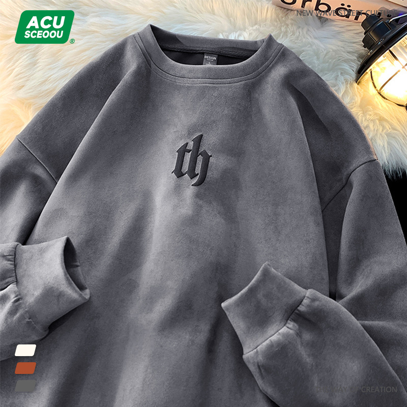 Acu Men's Clothing | American-Style Drapey Sweatshirt with Suede Gothic Lettering Foam Print, 2026 Autumn Trendy Brand Loose Drape Top Acu Men's Clothing | American-Style Drapey Sweatshirt with Suede Gothic Lettering Foam Print, 2026 Autumn Trendy Brand Loose Drape Top