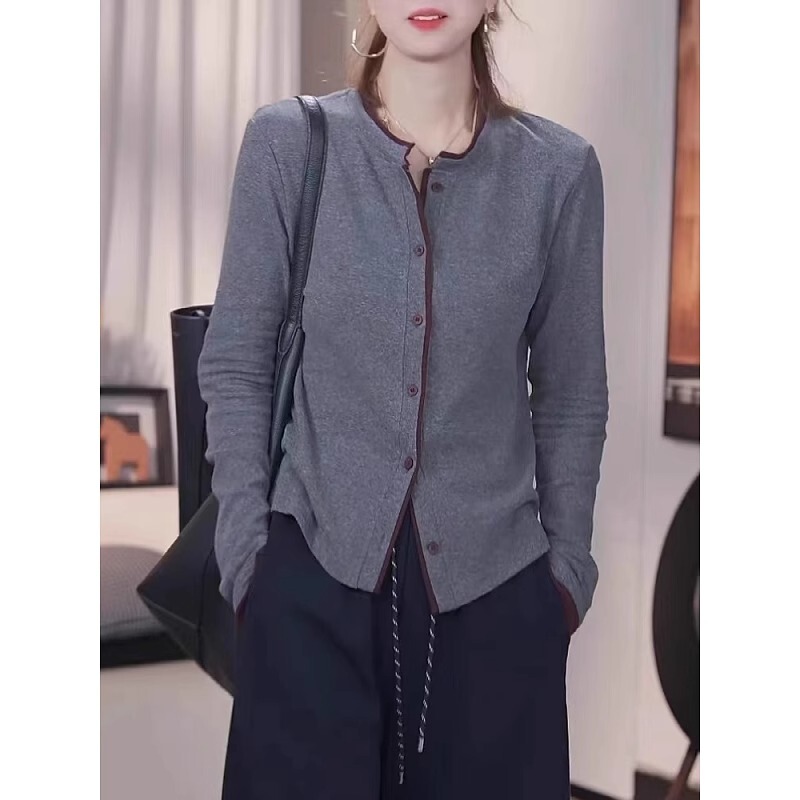ファッション長袖tシャツ女性春新作ボタンステッチカーディガン上着ファッションゆるい着痩せ大きいサイズショートコート|undefined