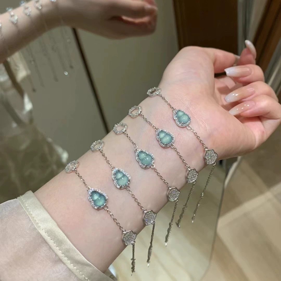 New Chinese Style Imitation Blue Jade Jade Gourd Bracelet for Women Summer Fashion Inlaid Zircon Hand Ornaments Versatile Light Luxury Trendy Jewelry