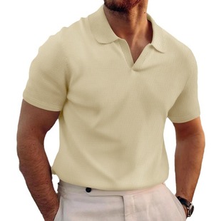 2025 New Cross-Border Men's Summer Lapel T-Shirt Men's Heavy Waffle Oversize Pure Color Casual Short Sleeves