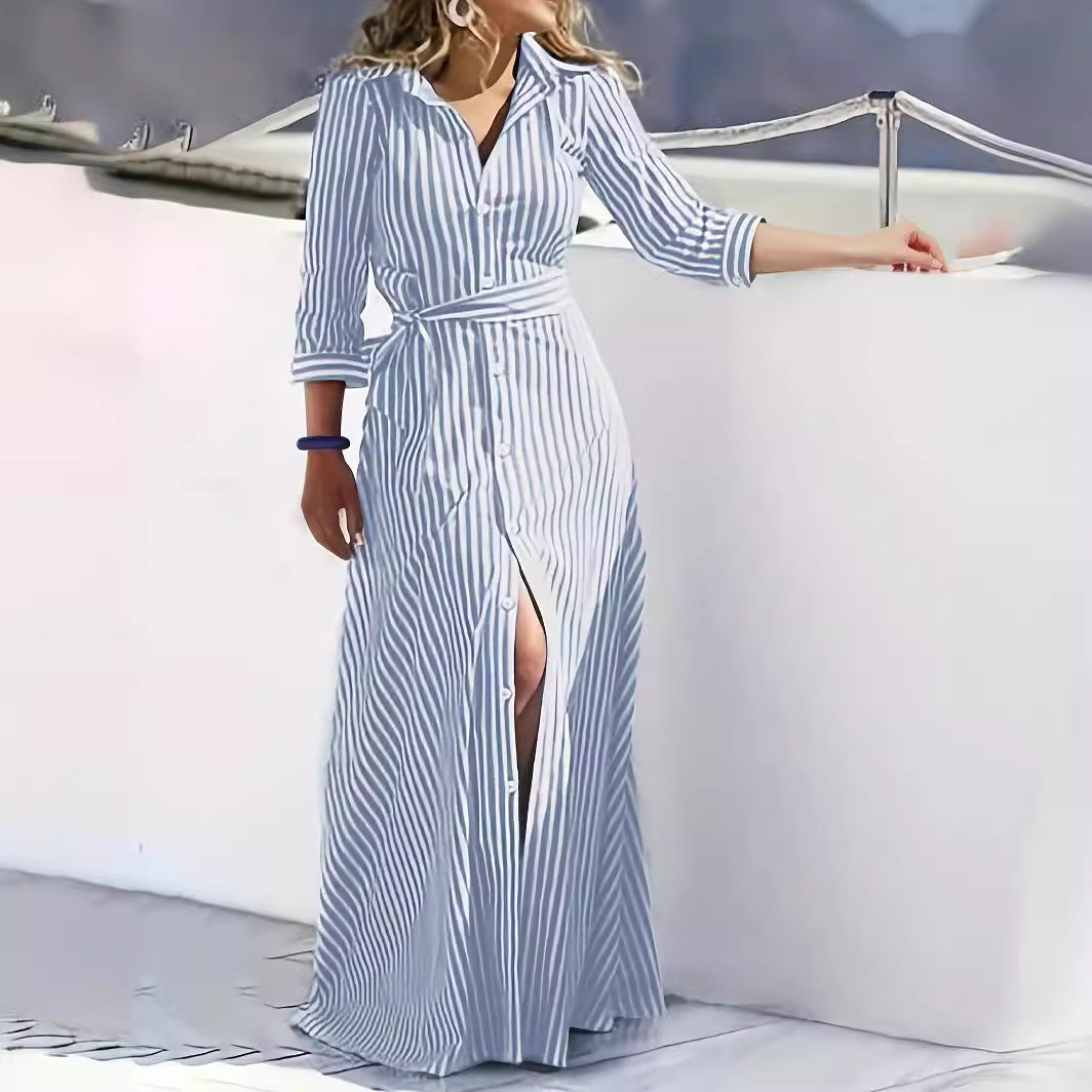 New European and American Cross-Border Polo Collar Elegant Fashion Stripesd Bohemian Three-Quarter Sleeve Fashion Cardigan Dress for Women