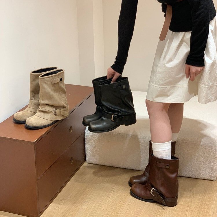 短靴女款秋2025新款皮带扣粗跟牛仔靴马丁靴穿搭褶皱堆堆裤管靴子|undefined