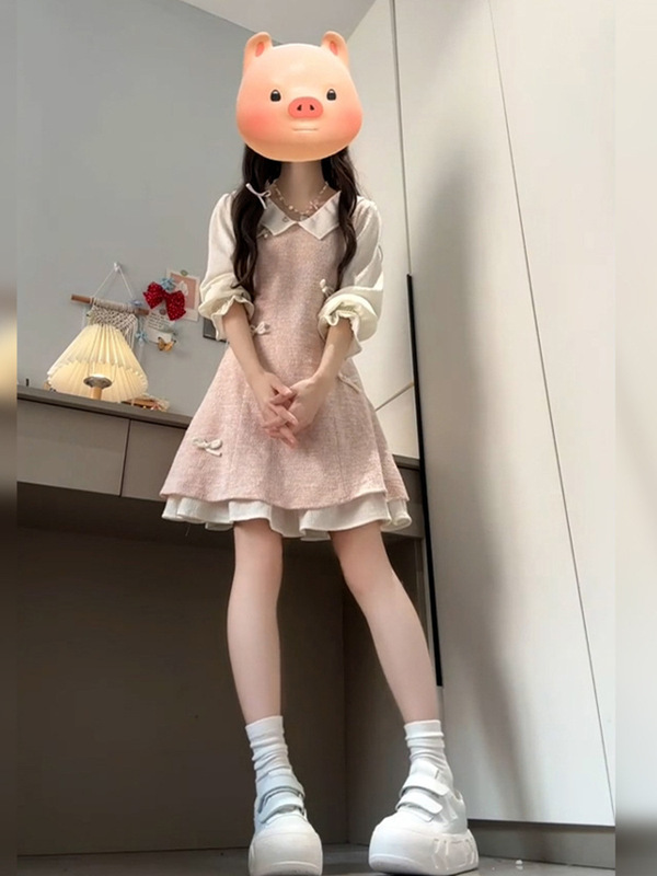 小个子绝美粉色连衣裙子女初秋季2025新爆款假两件miu系穿搭短裙|undefined