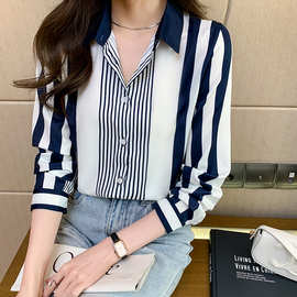 有现货 2025新款洋气休闲春季新款女装翻领条纹雪纺衫上衣