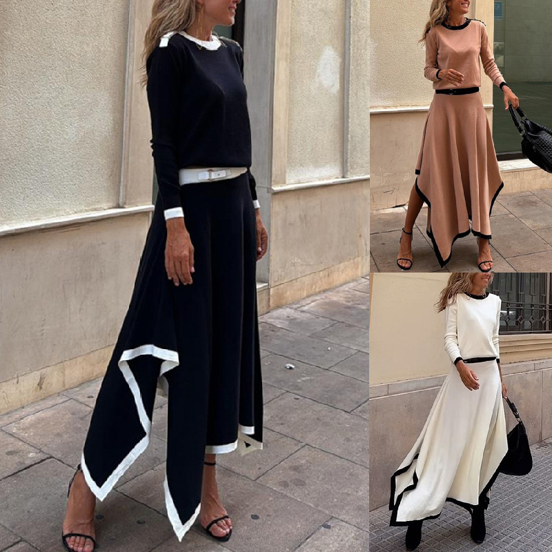 Sieviešu apģērbu pavasara un rudens neregulāras krāsas svārku komplekts ar garām piedurknēm_voghion.com