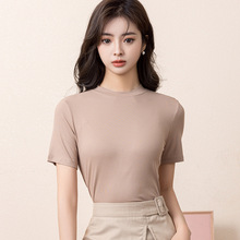 批发2023新款夏季韩版短款修身显瘦气质高弹圆领纯色女士T恤短袖