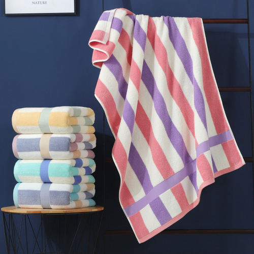 Multi-color adult bath towel 32 strands pure cotton color strip bath towel 70*140CM large terry soft absorbent and not easy to shed lint