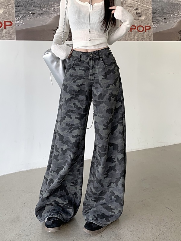美式复古迷彩裤牛仔裤阔腿裤女秋季高腰小众宽松休闲拖地裤直筒裤|undefined