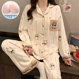 批发春秋季新款睡衣女款仿棉长袖带胸垫开衫甜美可爱风家居服套装