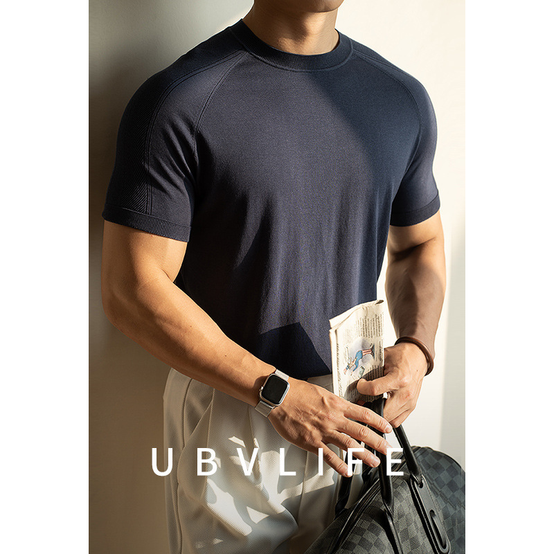 [Lyocell Tencel & Mulberry Silk] 2025 Summer New Saddle Shoulder Jacquard Sleeve Knitted Round Neck Short Sleeve T-Shirt for Men
