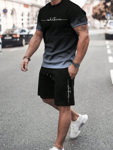 2024 Summer Gradient Color Short-Sleeve Shorts Set 3D Digital Printing Simple Letter Gradient T-Shirt Two-Piece Set for Men