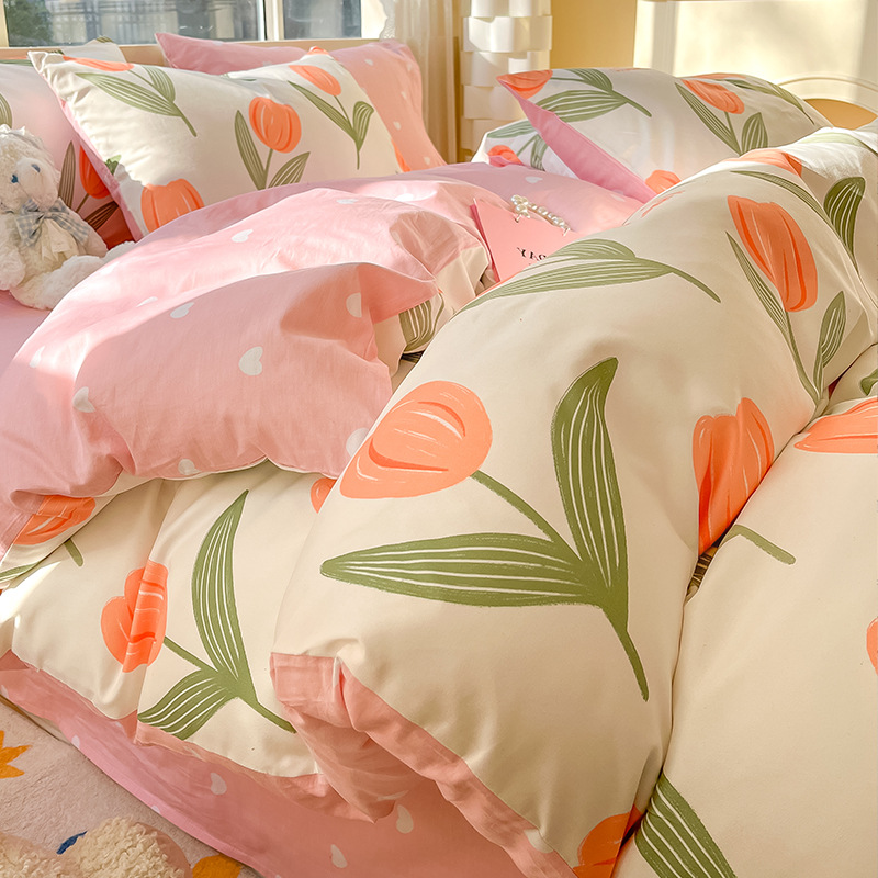 Ins algodón de cuatro piezas 100 algodón pequeño fresco ropa de cama femenina cubierta de edredón ropa de cama de dormitorio de tres piezas