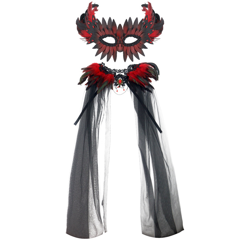 Halloween nuevo estilo gótico pluma encaje decoración chal de cuero pluma máscara de diamante COS accesorios de vestir