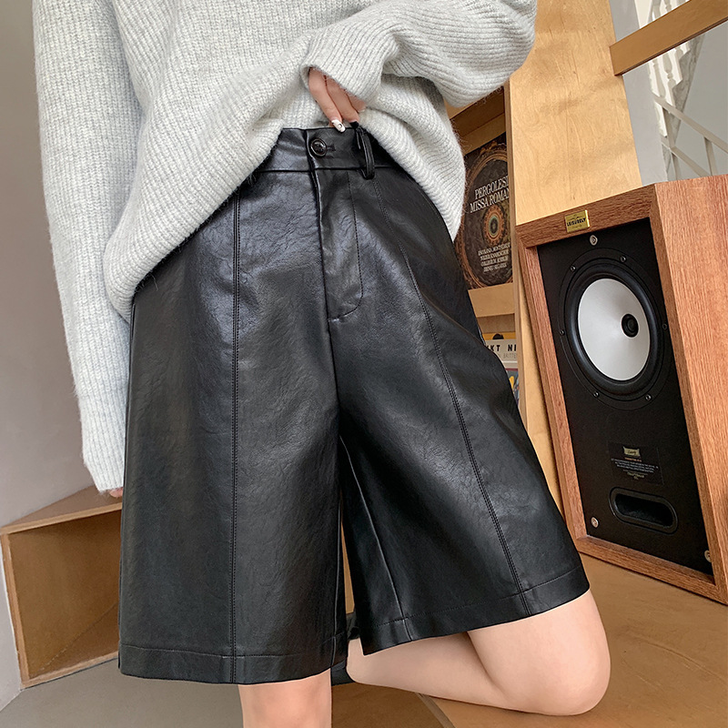 黑色pu皮短裤女秋冬2025新款外穿a字高腰阔腿皮裤宽松直筒五分裤|undefined