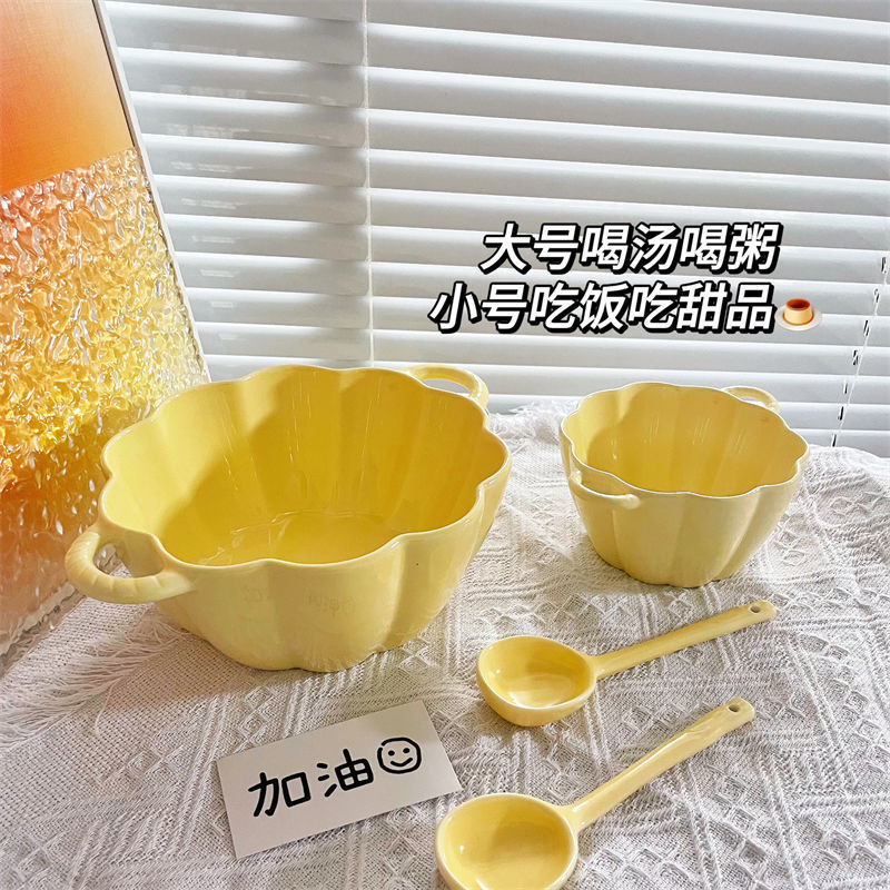 両耳スープボウル カボチャセラミック 家庭用ミルクフフ スプーンと箸付き 高価値 大容量 かわいいインスタントラーメン カタツムリヌードルボウル|undefined