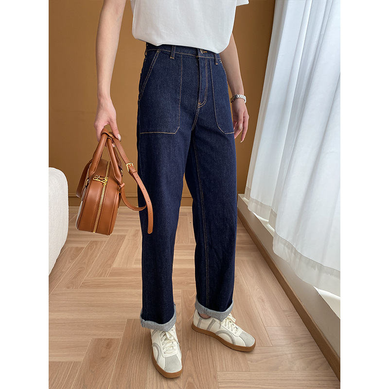司南时髦博主风复古明线立裁双口袋高腰直筒阔腿牛仔裤