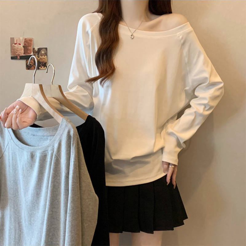 慵懒风斜肩白色正肩长袖T恤女2025早秋新款小衫大码胖mm露肩上衣