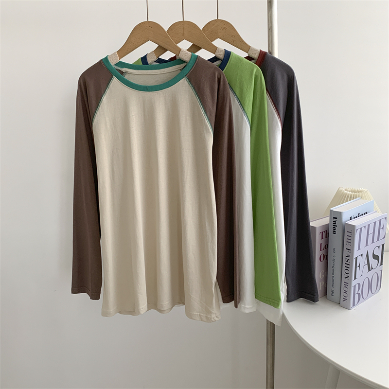 Raglan Sleeve Contrast Color Round Neck Micro-transparent Thin Long-sleeved T-shirt Women's American-style Spring Loose Casual Air-conditioning Shirt Women's Blouse Raglan Sleeve Contrast Color Round Neck Micro-transparent Thin Long-sleeved T-shirt Women's American-style Spring Loose Casual Air-conditioning Shirt Women's Blouse