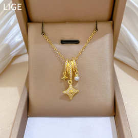 【钛钢】 珍珠星星圆环轻奢气质华丽满钻项链女百搭锁骨链钛钢链