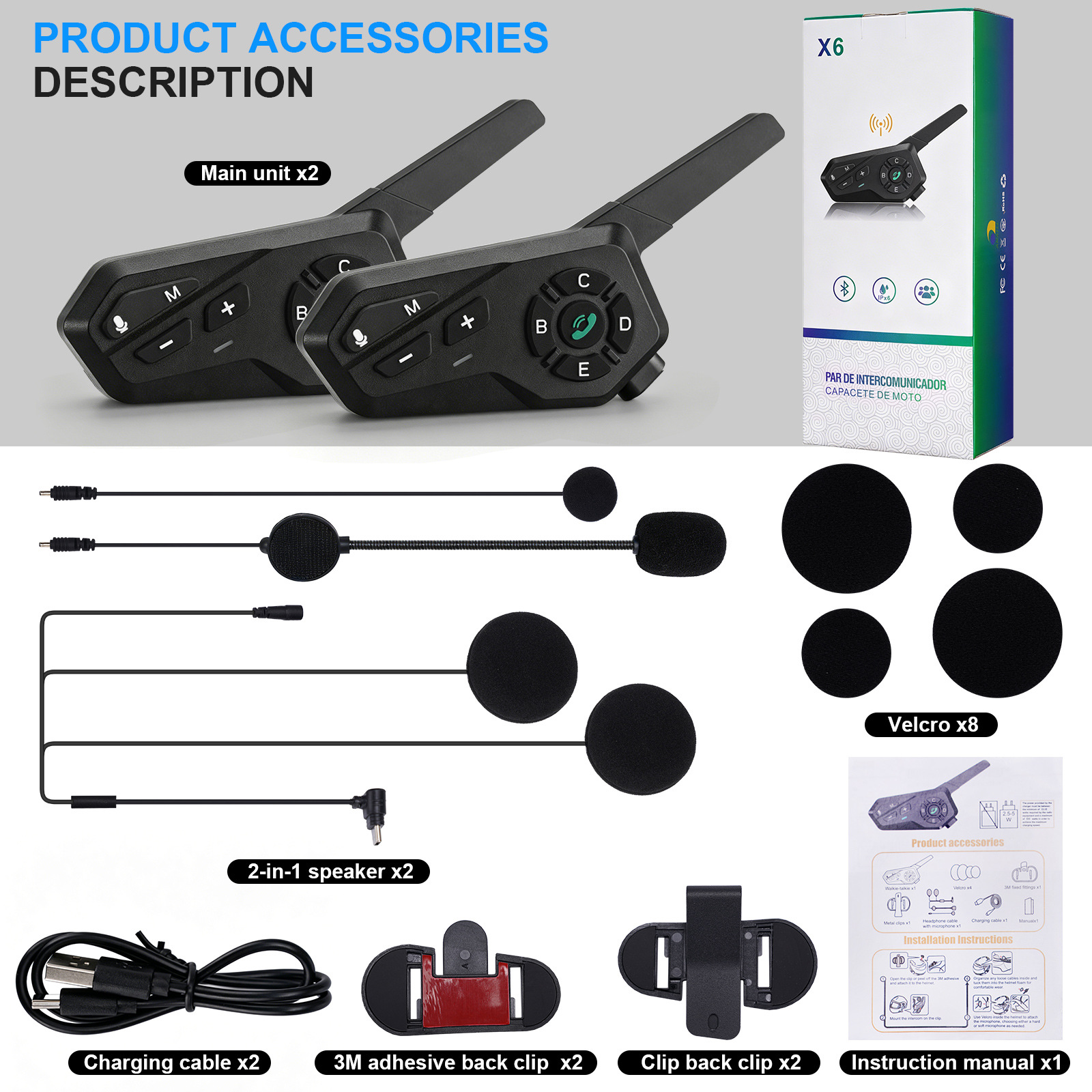 X6 Motorcycle Helmet Bluetooth Intercom 1500m Waterproof IPX6 Stereo Riding Headset
