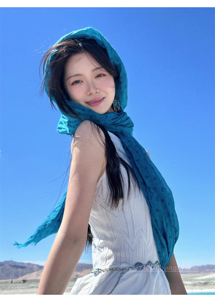 Hijab de seda y chal de algodón y lino para mujer azul lago_voghion.com