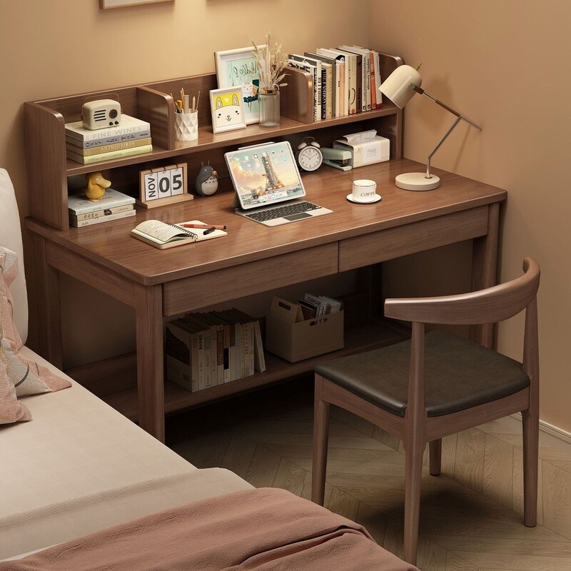 Solid wood narrow desk with bookshelf, integrated computer desk, bedroom bedside table, home study desk for small spaces, writing desk Solid wood narrow desk with bookshelf, integrated computer desk, bedroom bedside table, home study desk for small spaces, writing desk