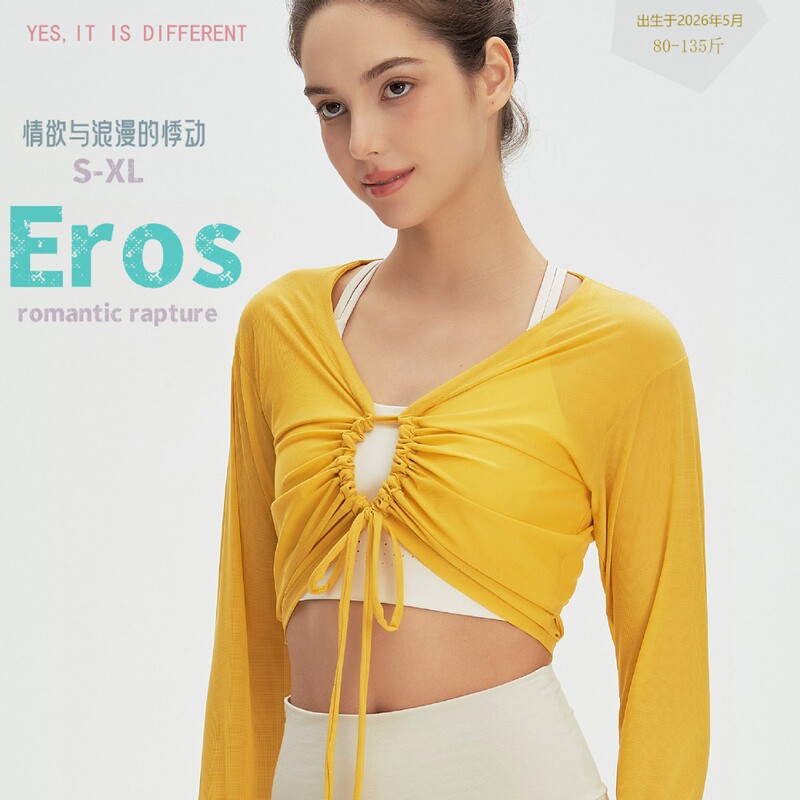 Eros High-End Lace-Up Yoga Cover-Up, Yoga and Pilates Slim-Fit T-Shirt, See-Through Long-Sleeve Summer Top