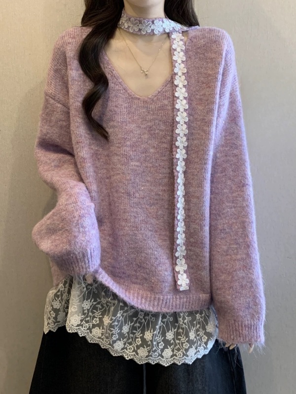 2025秋冬新款飘带蕾丝拼接V领套头毛衣女宽松甜美温柔针织衫上衣|undefined