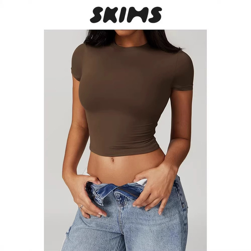 Skims Round Neck Short-Sleeved T-Shirt for Women Summer 2026 New Hourglass-Shaped Tight-Fitting Top Sexy Thin Solid Color Skims Round Neck Short-Sleeved T-Shirt for Women Summer 2026 New Hourglass-Shaped Tight-Fitting Top Sexy Thin Solid Color