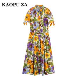 KAOPU ZA夏季新款2025女装花朵配腰带短袖迷笛连衣裙时尚百搭风