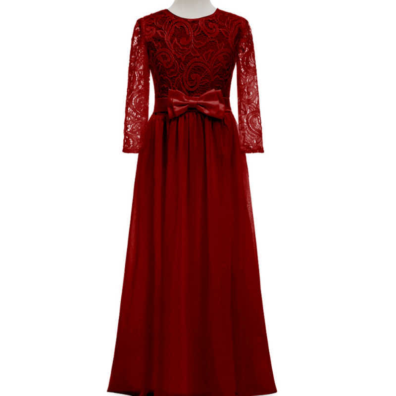 Nuevo vestido de novia para niños de comercio exterior transfronterizo europeo y americano de manga larga de encaje, cuello redondo, cola, vestido de cumpleaños para niña