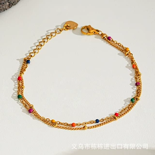 欧美波西米亚风双层不锈钢彩石手链女 ins复古简约时尚钛钢手链