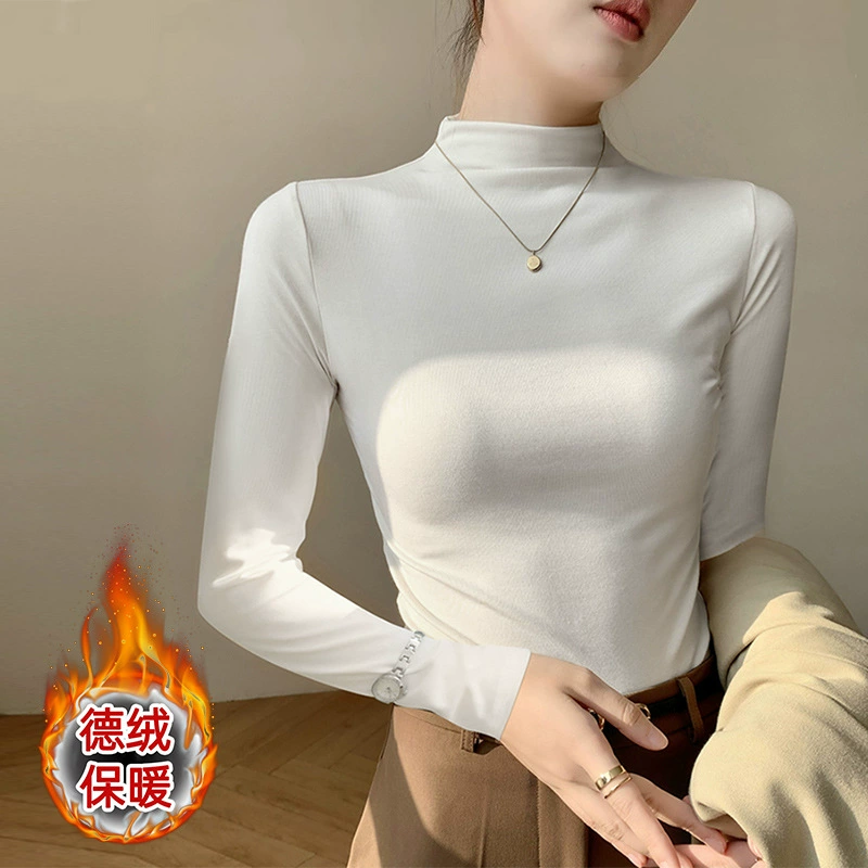 Рубашка с половиной высоким воротником, осенне-зимняя новая утягивающая внутренняя теплая бархатная футболка с длинными рукавами, женский однотонный универсальный топ