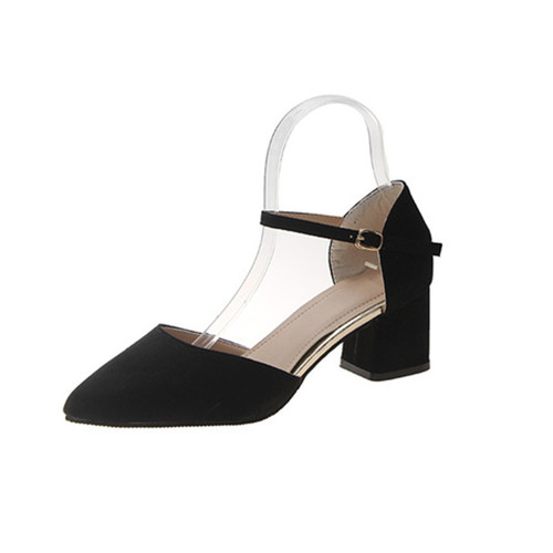 2024 Spring and Summer New French Black High Heels Women's Thick Heel Hollow Fashion Professional One-Buckle Mid-Heel Single Shoes Autumn