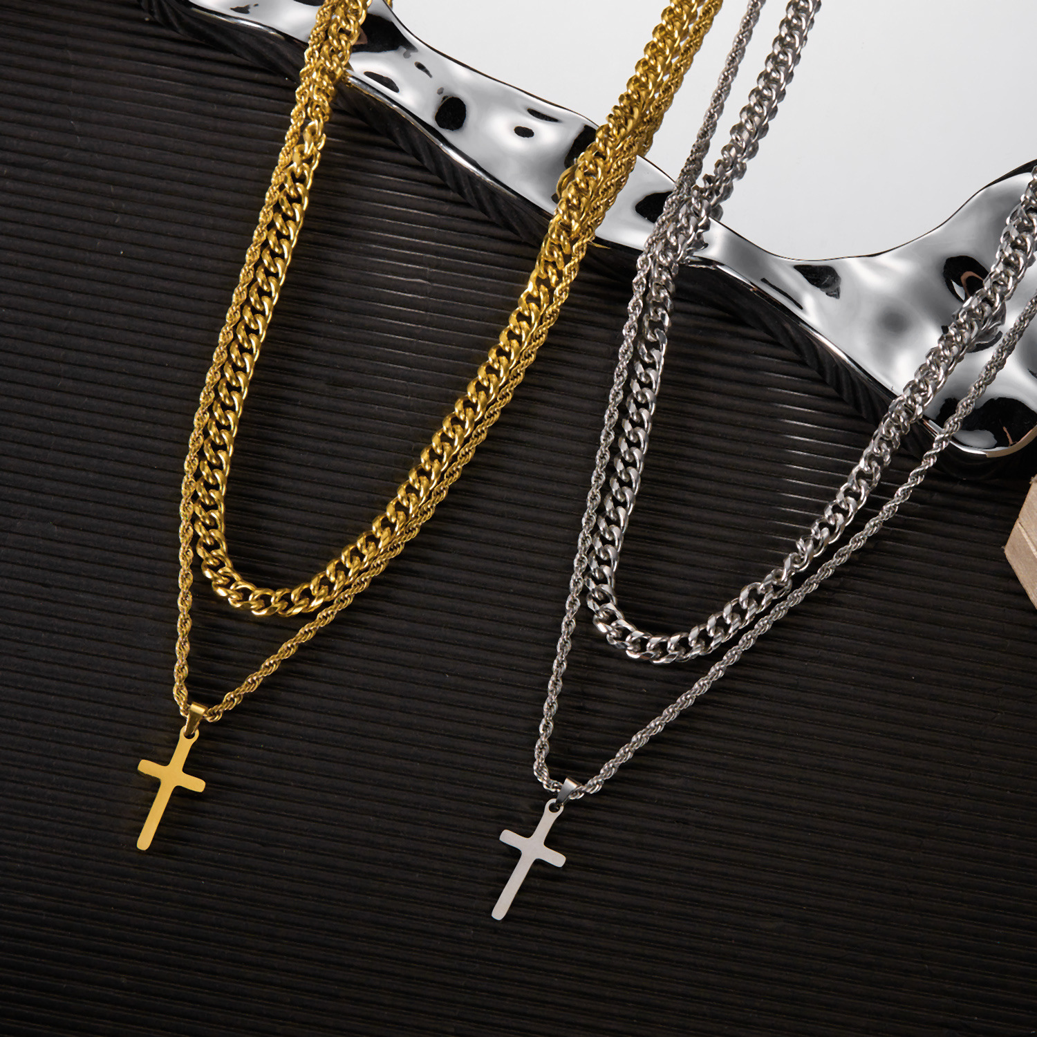 Stainless Steel Double Layer Cross Necklace For Men Trendy Style_voghion.com