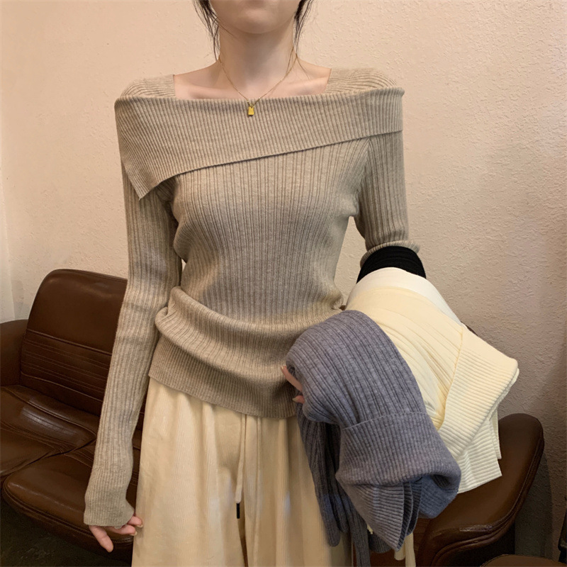 One-shoulder Knitted Bottoming Shirt for Women, Autumn Clothing, Asymmetrical Inner Sweater, French High-waisted Right Shoulder Collarbone Long-sleeved Top