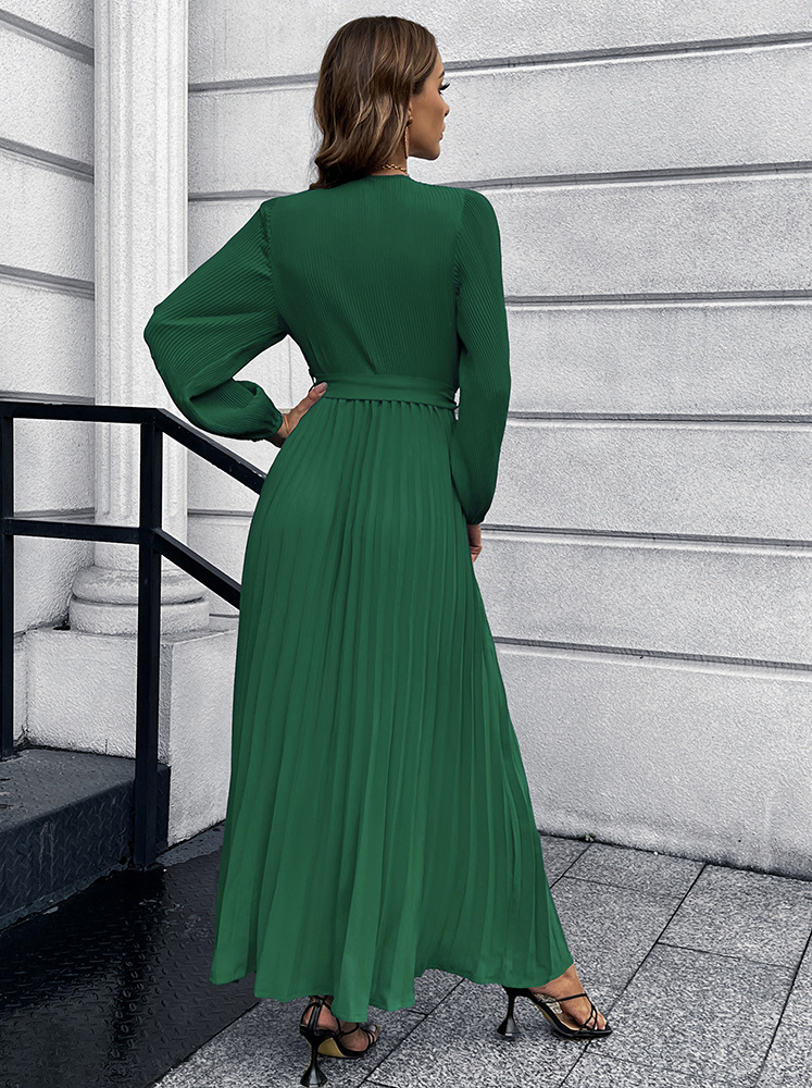 British Style Solid Color V Neck Long Sleeve Ruched Polyester Dresses Midi Dress Pleated Skirt display picture 2